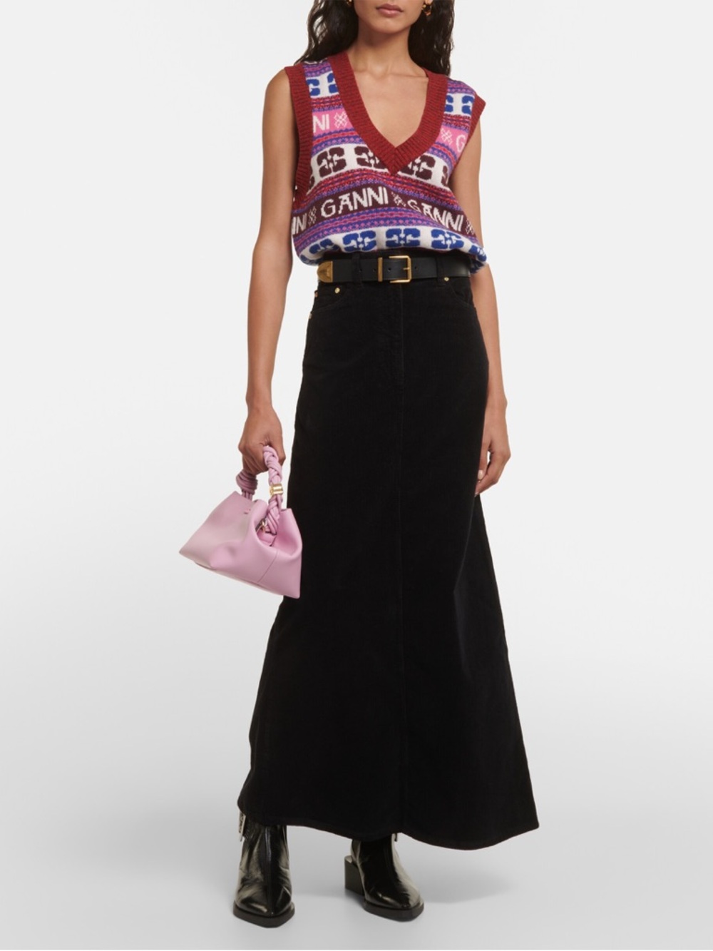 Ganni Black Corduroy Long Maxi Skirt with Slit Size EU 34